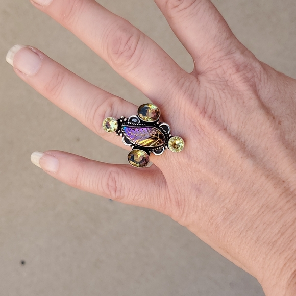 New Carved Rainbow Hematite, Citrine and Ametrine 925 Silver Ring. - Picture 3 of 13